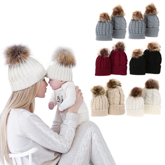 Accessories - 🚫Sold🚫Gray Parent/Baby Matching Beanie Pom Pom